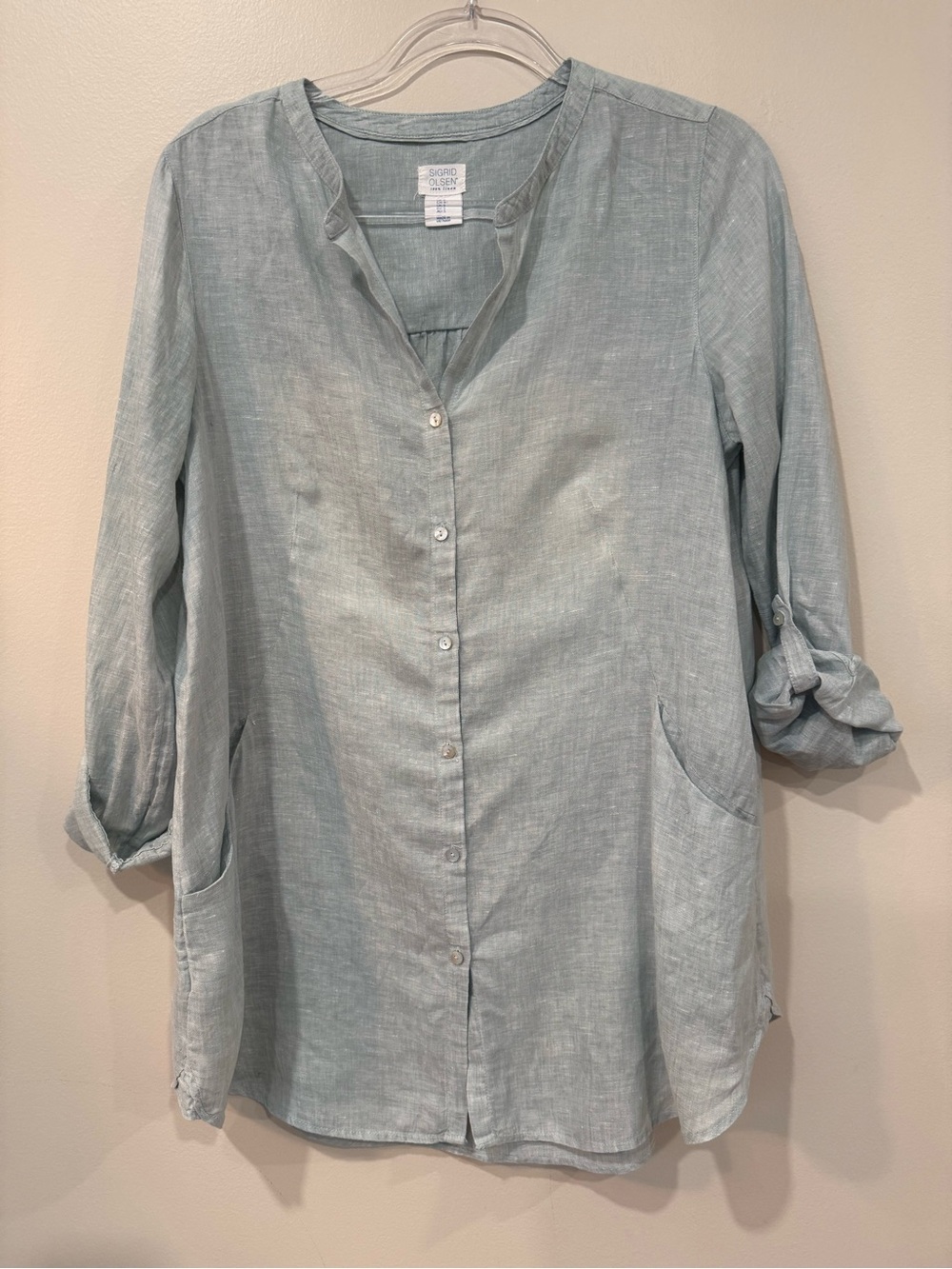 Sigrid Olsen Seafoam 100% Linen Roll-Tab Pocket Tunic Shirt S